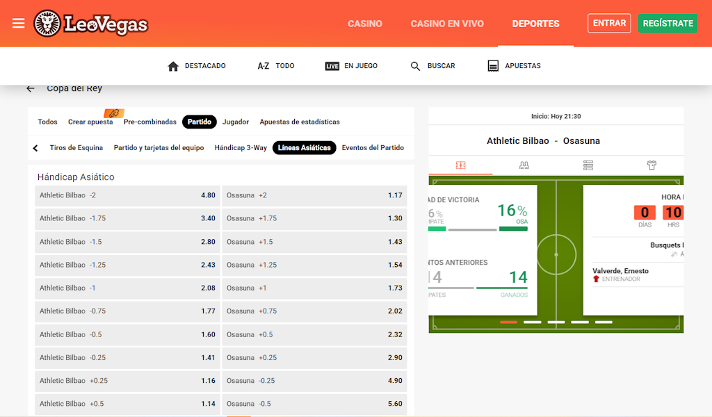 Opciones de hándicap para el partido de fútbol